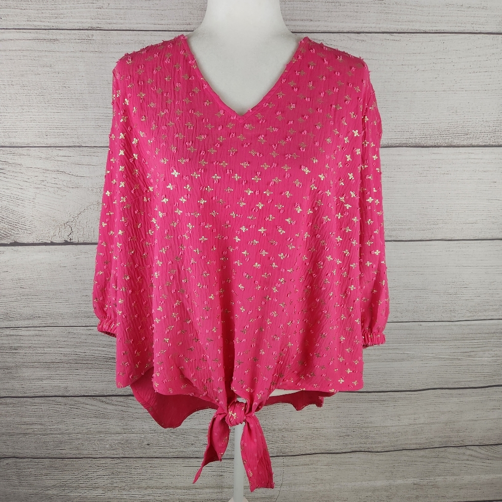 Olivia & Martin Hot Pink and Gold V-Neck Long Sleeve Lightweight Women's Top